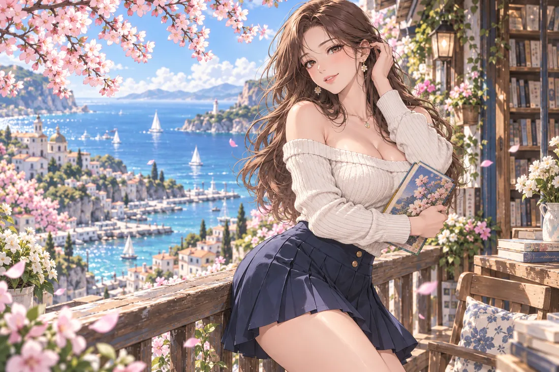 漫蛙2原创女性角色主视觉：海边书店中的成年女性与樱花